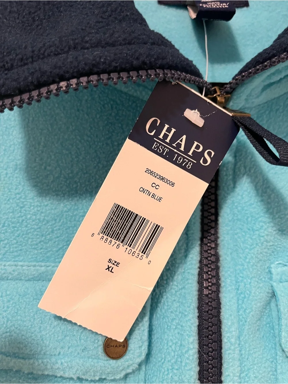 Men’s Chaps Sweater Fleece Vest Two Tone Cyan Blue with Navy Trim XL/TG/EG